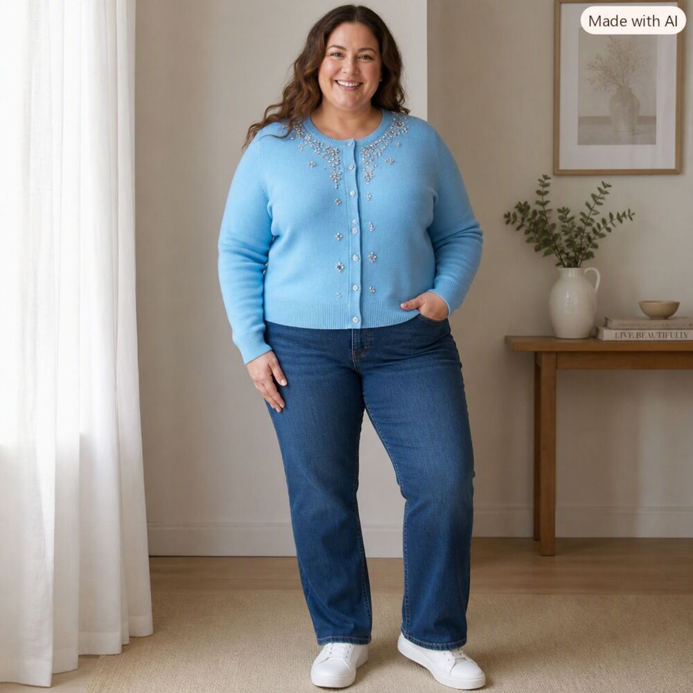 Quacker Factory Sky Blue Cardigan with Yellow Star Embroidery | Size 1X